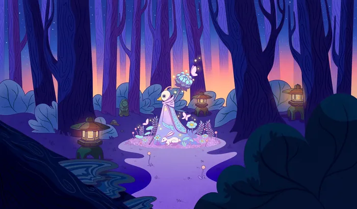 Halloween spirit in a spring forest with flowers and glowing lanterns