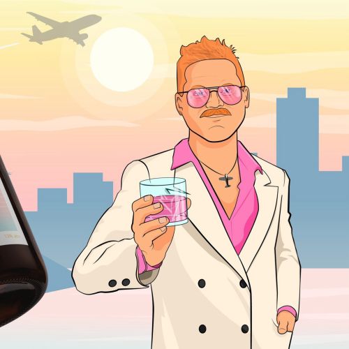 Illustration of man in white suit holding drink with bottle and city background