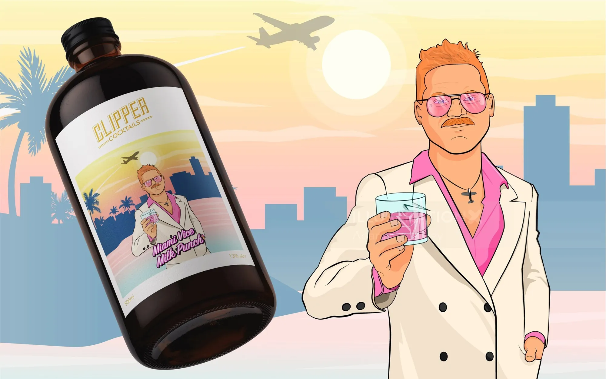 Illustration of man in white suit holding drink with bottle and city background