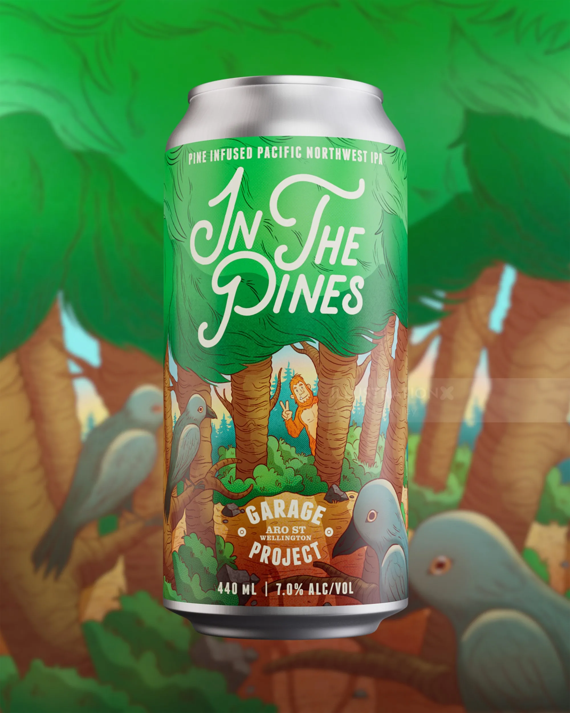 Illustrated label design for pine-forward IPA called In The Pines