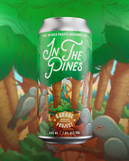 Illustrated label design for pine-forward IPA called In The Pines