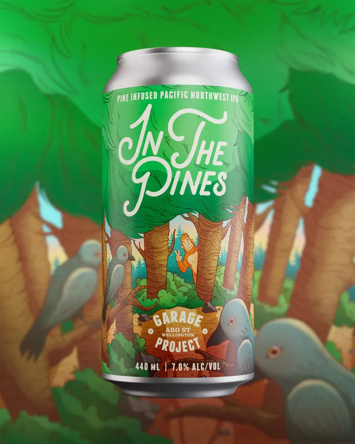 Illustrated label design for pine-forward IPA called In The Pines