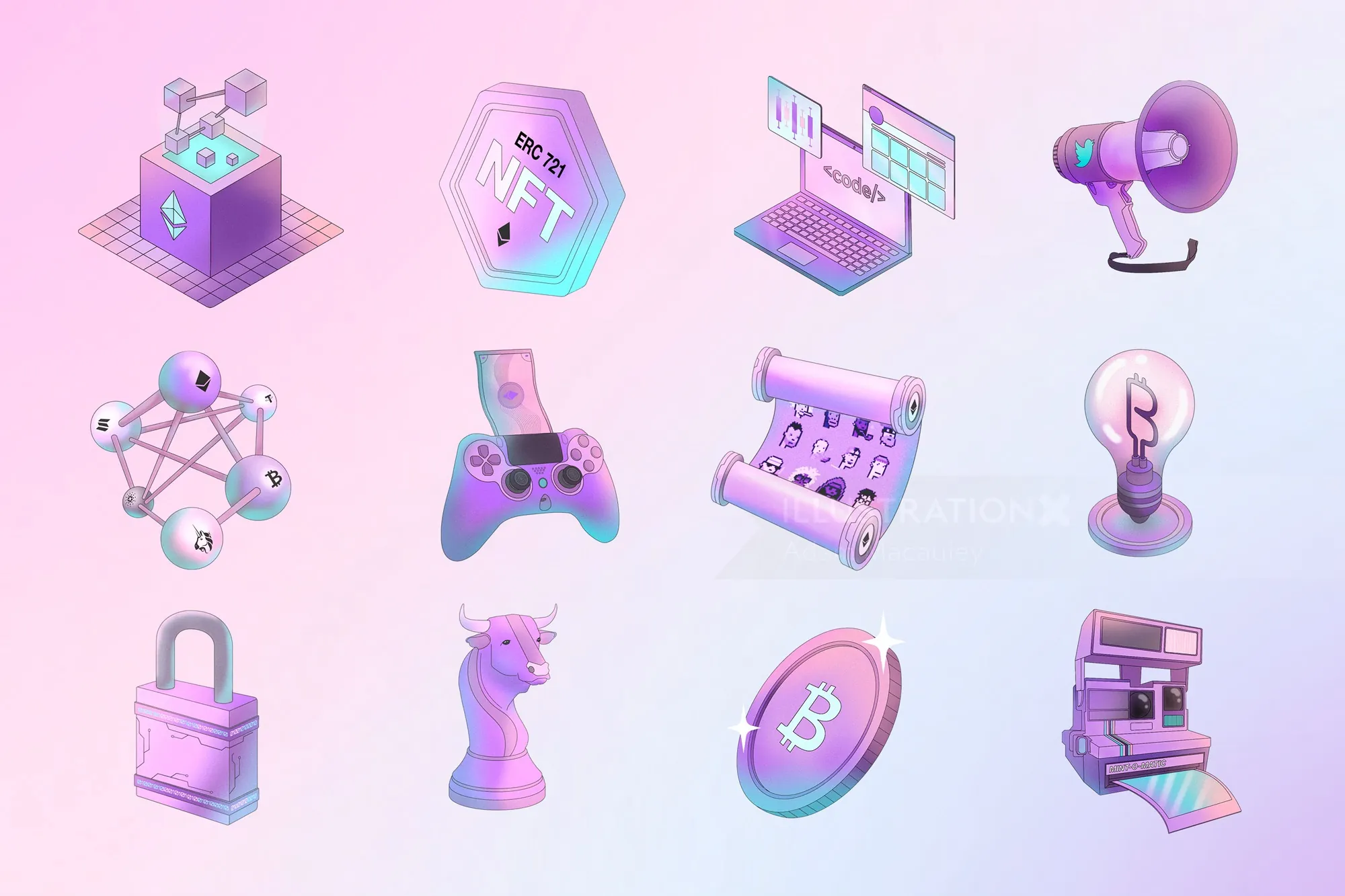 Colorful isometric icons representing NFT, blockchain, gaming, and tech concepts