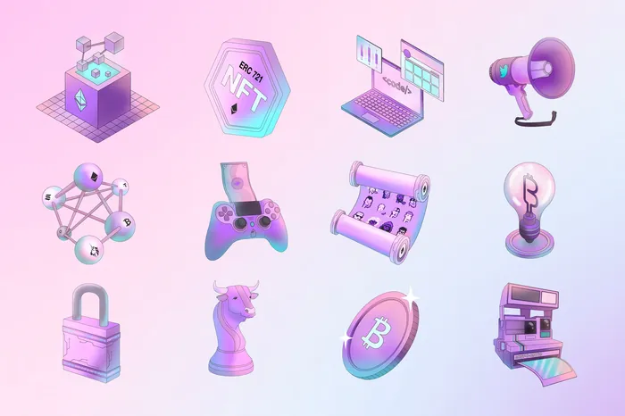 Colorful isometric icons representing NFT, blockchain, gaming, and tech concepts