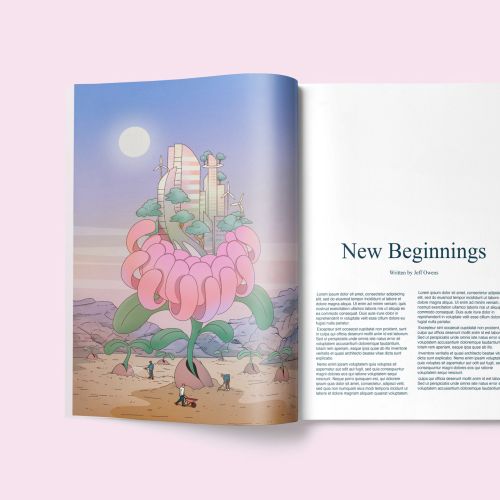 Open magazine showing illustration of futuristic city growing from giant flower seed