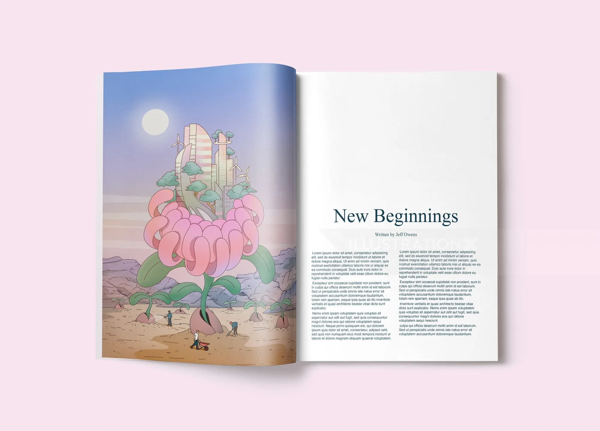 Open magazine showing illustration of futuristic city growing from giant flower seed
