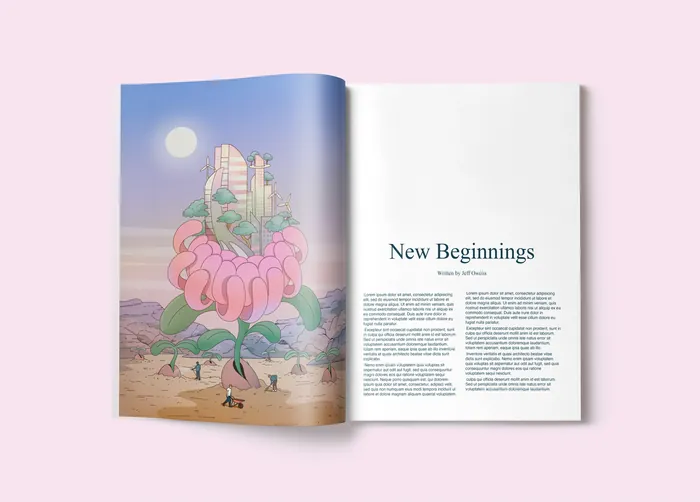Open magazine showing illustration of futuristic city growing from giant flower seed