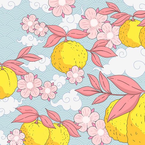 Yuzu fruits and cherry blossoms in delicate Japanese style