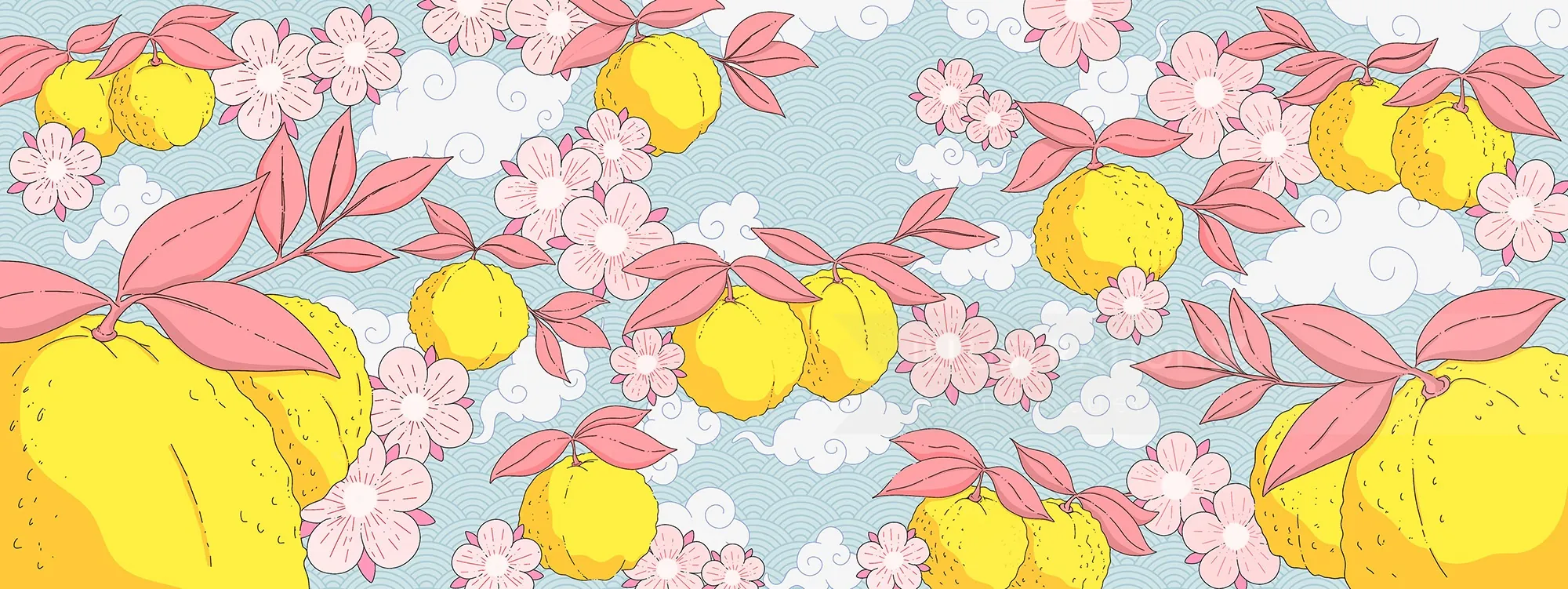 Yuzu fruits and cherry blossoms in delicate Japanese style