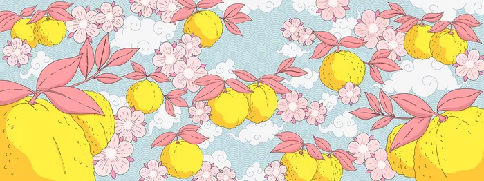 Yuzu fruits and cherry blossoms in delicate Japanese style