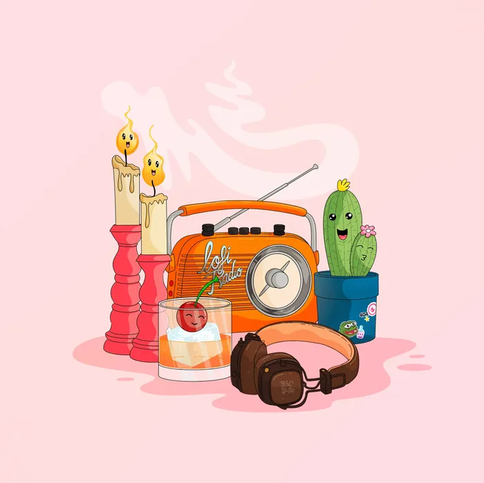 Playful still life with candles, radio, cactus, headphones, and dessert