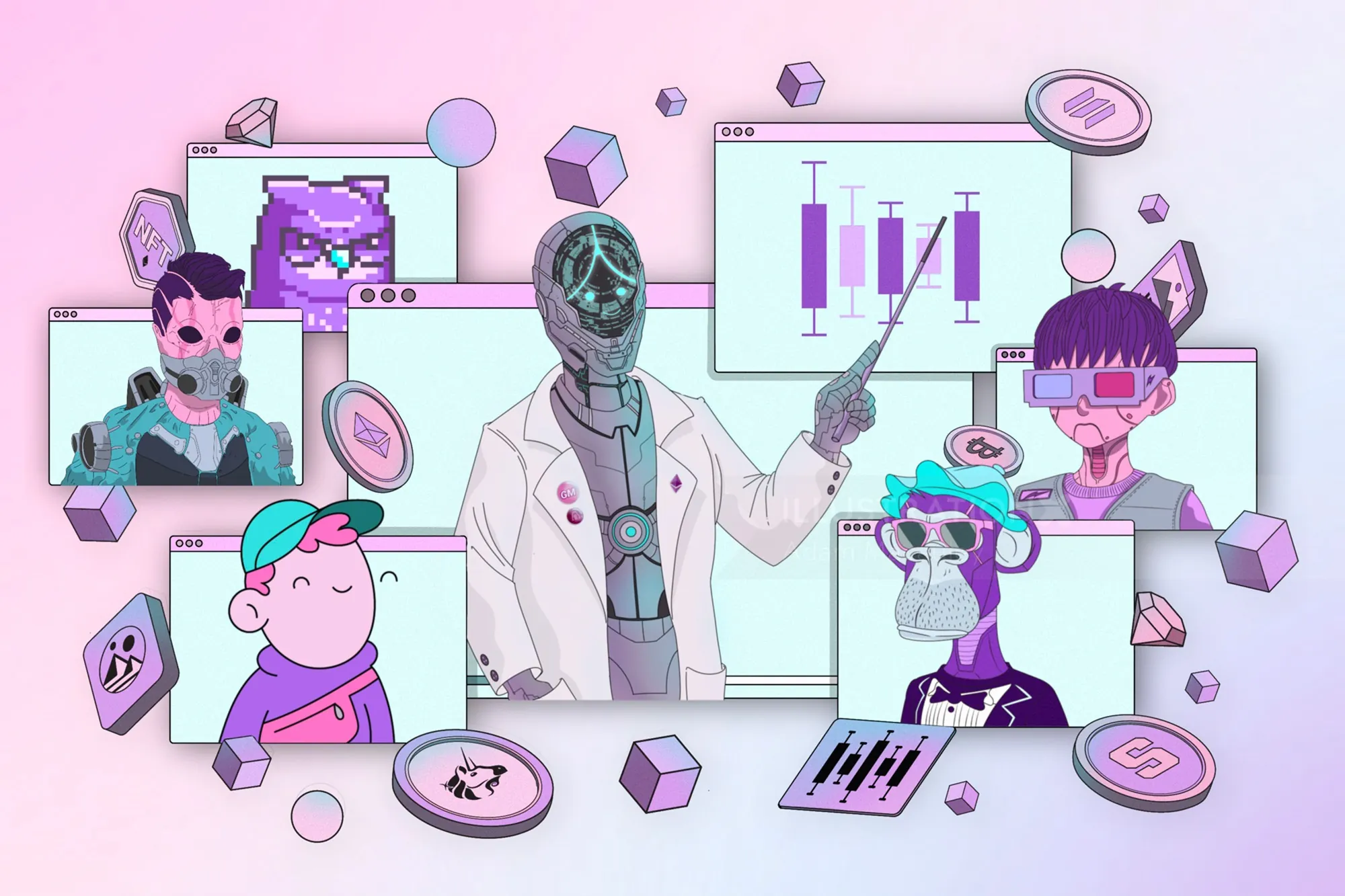 Robot professor teaches NFTs in a virtual Web3 classroom scene