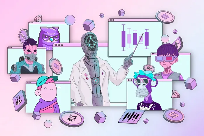 Robot professor teaches NFTs in a virtual Web3 classroom scene