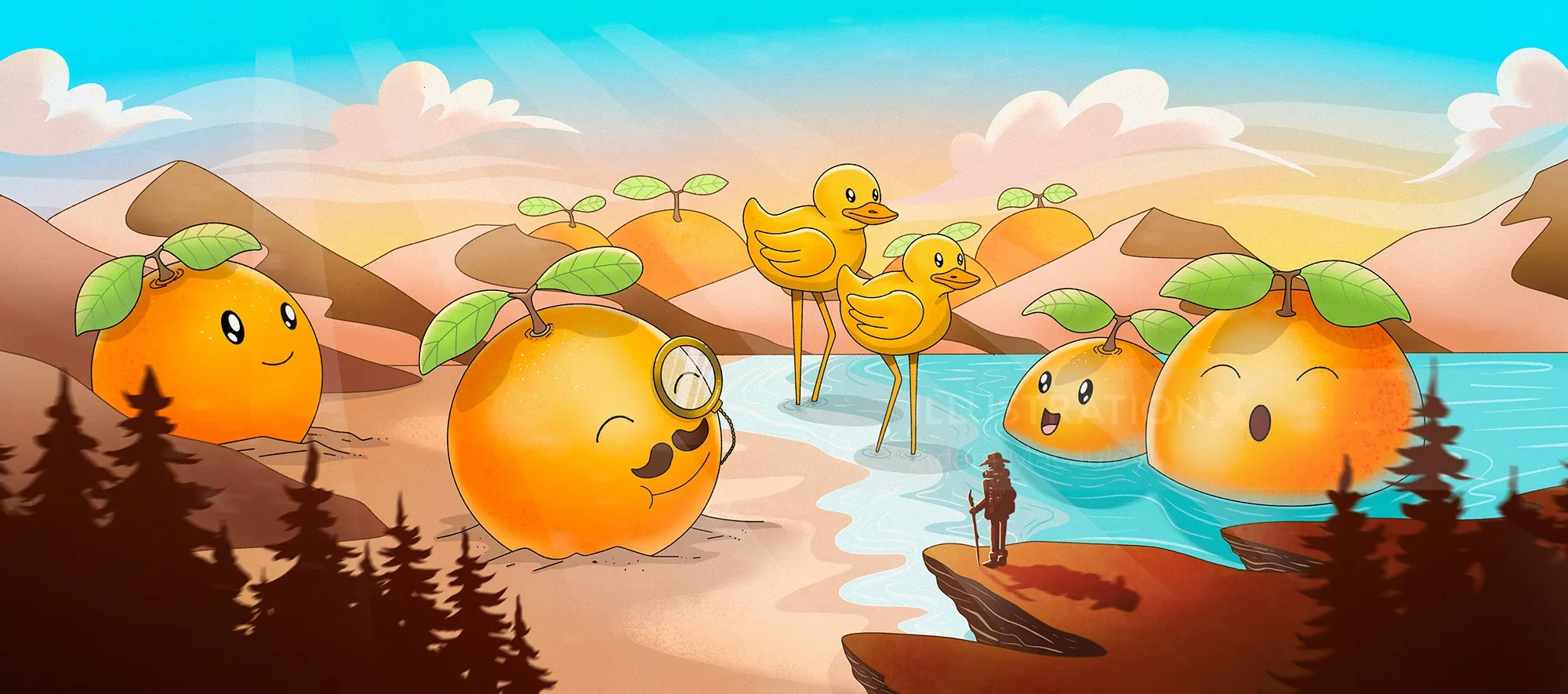 Playful citrus-themed artwork for Sunburst Surreal craft beverage
