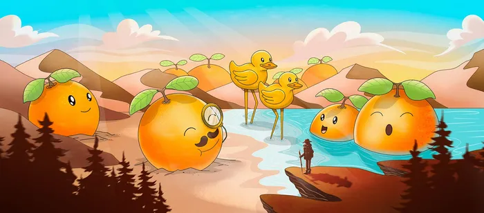 Playful citrus-themed artwork for Sunburst Surreal craft beverage