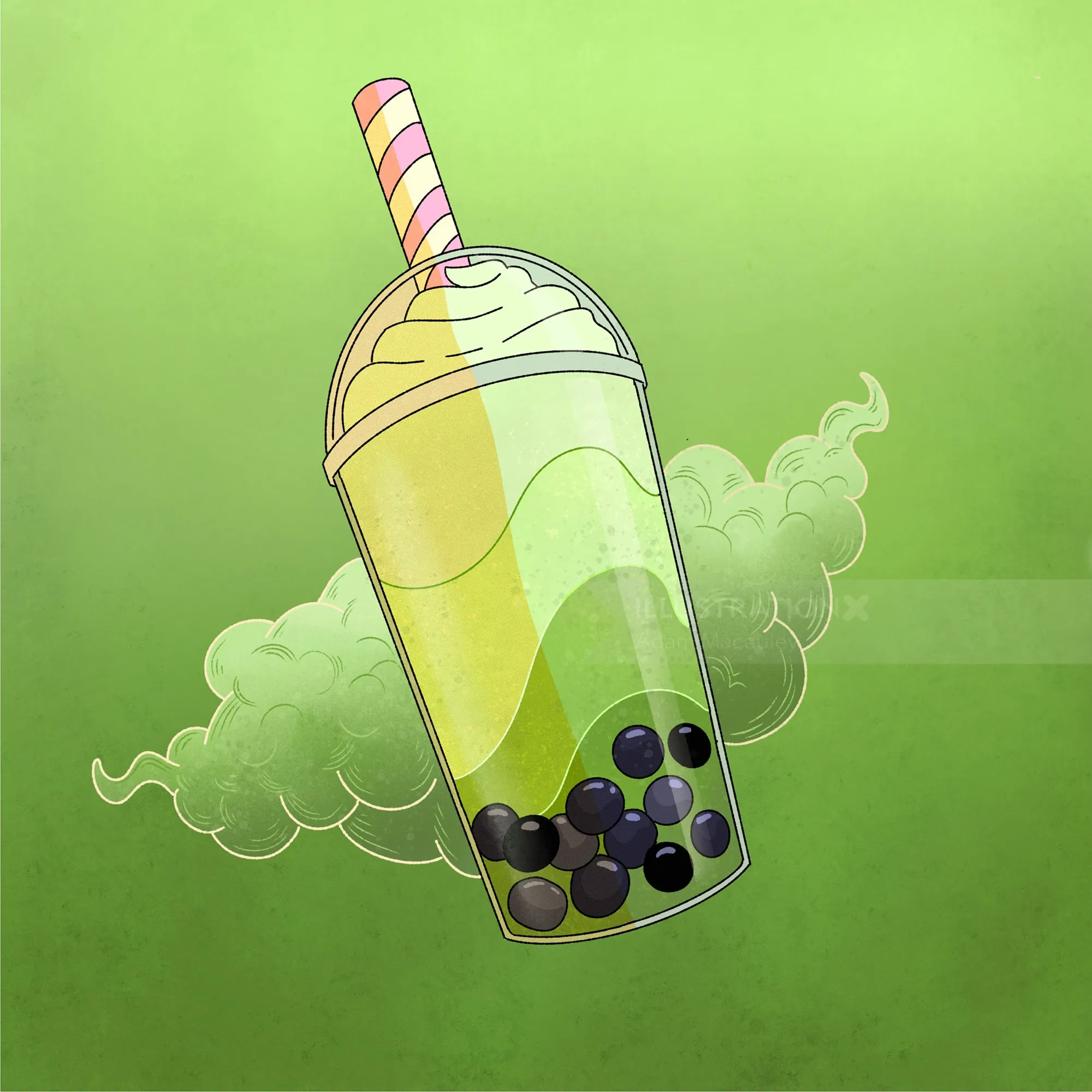 Illustration of matcha tea drink with frothy top in a Japanese teacup