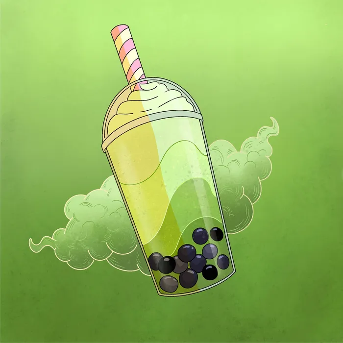 Illustration of matcha tea drink with frothy top in a Japanese teacup