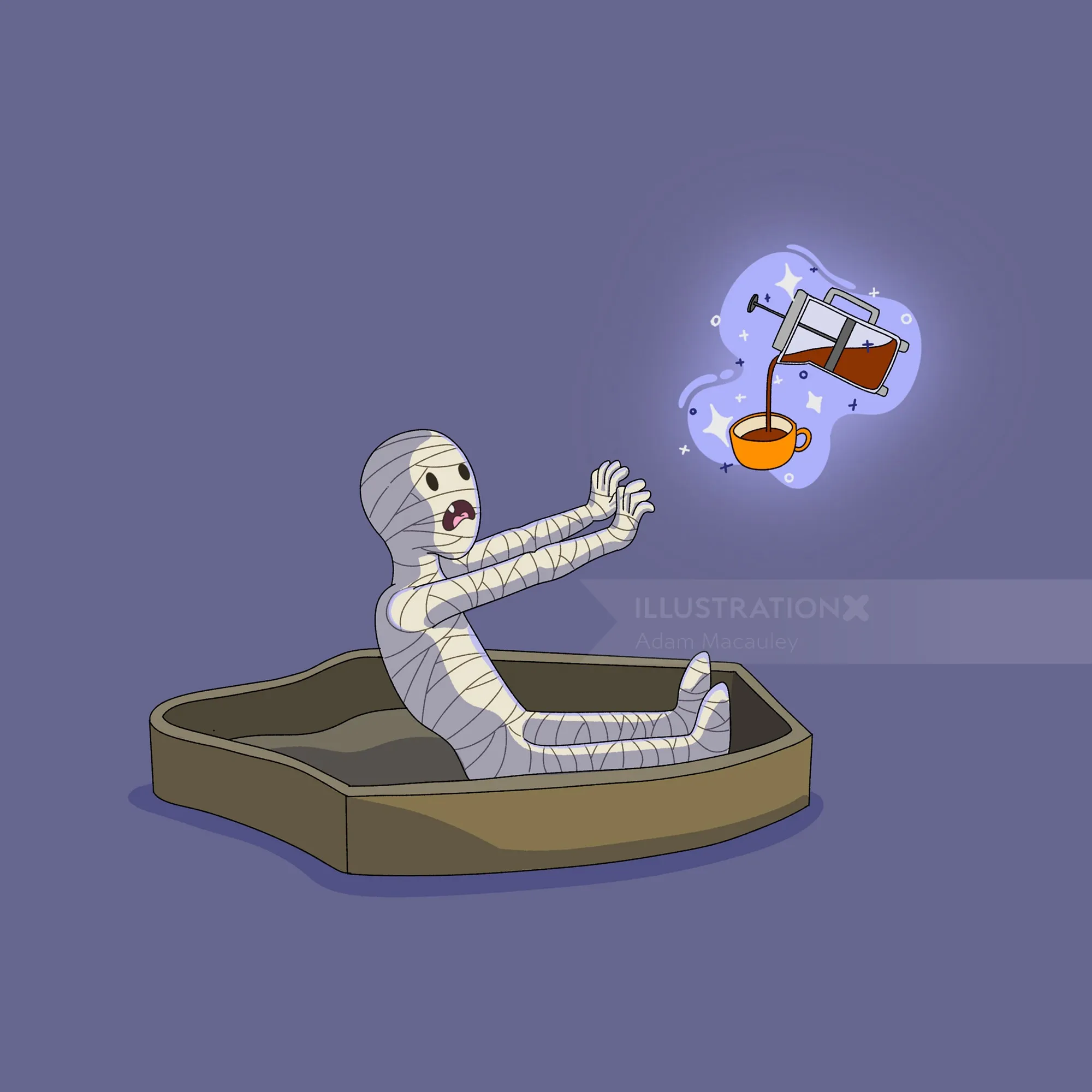 Dramatic scene depicting a character emerging from a coffin box