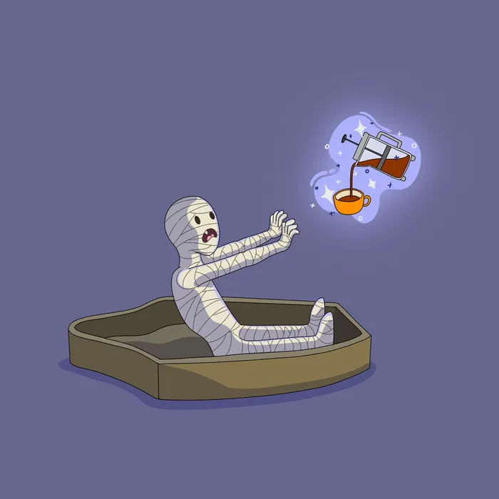 Dramatic scene depicting a character emerging from a coffin box
