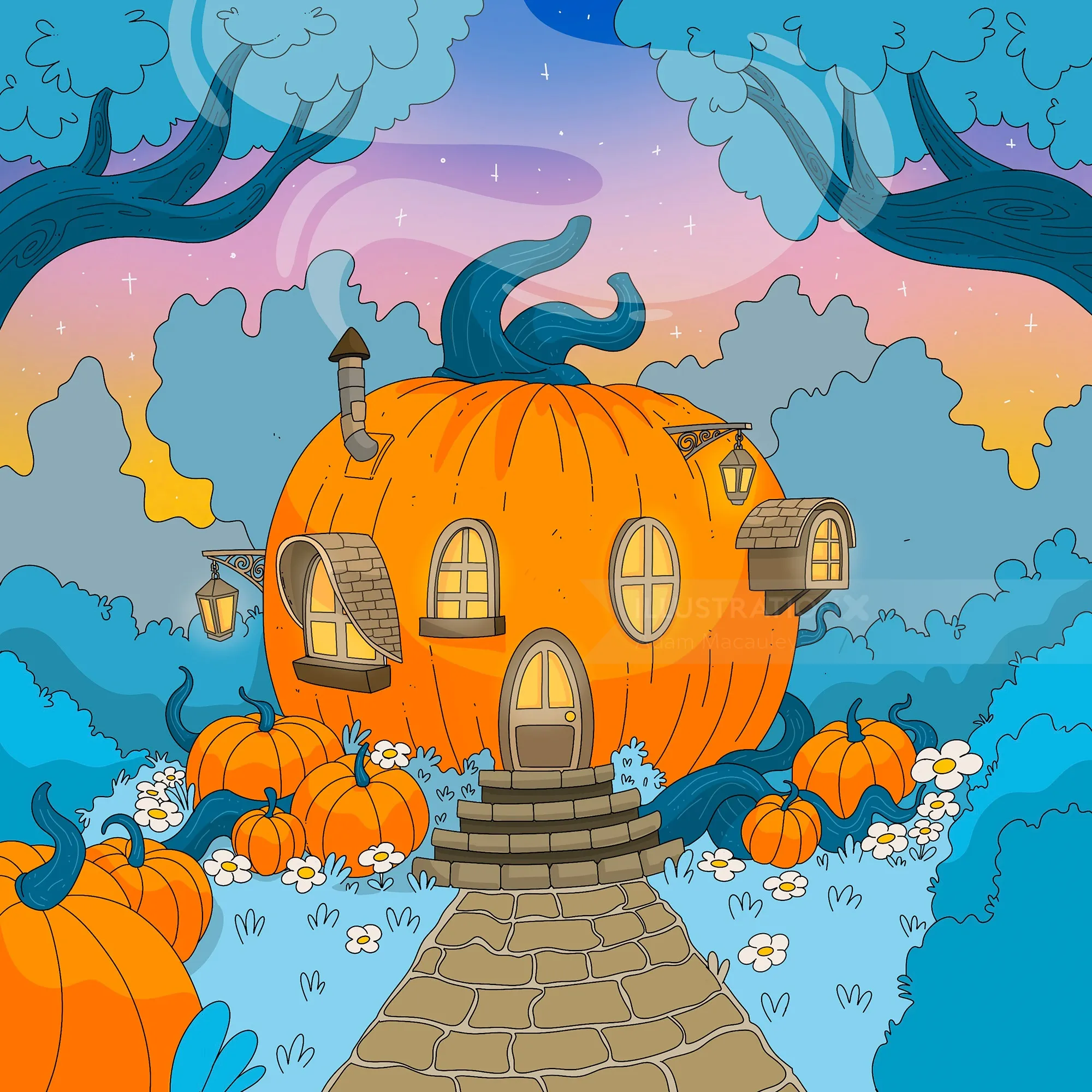 Creative concept art of a cozy pumpkin home