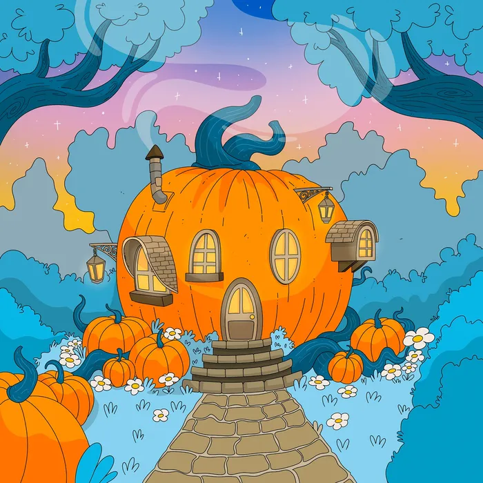 Creative concept art of a cozy pumpkin home