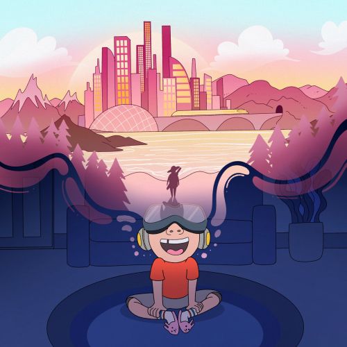 Futuristic metaverse-themed artwork showing virtual worlds
