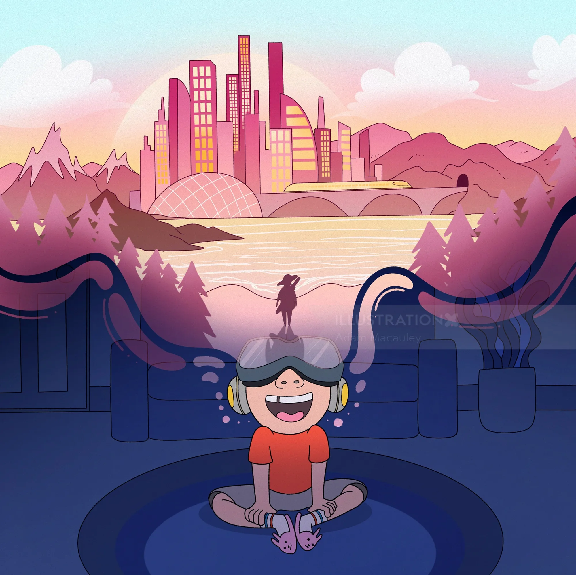 Futuristic metaverse-themed artwork showing virtual worlds