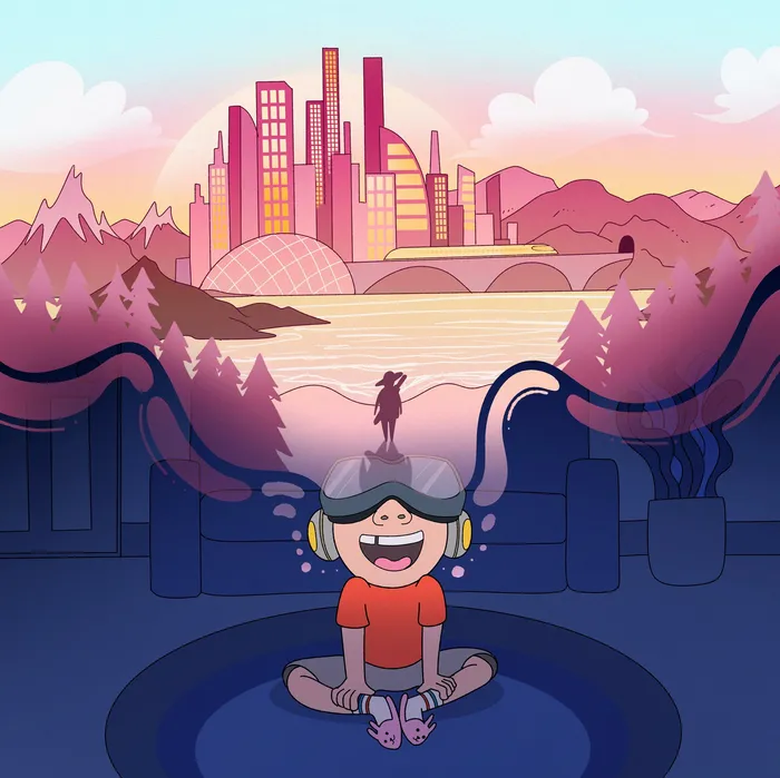 Futuristic metaverse-themed artwork showing virtual worlds