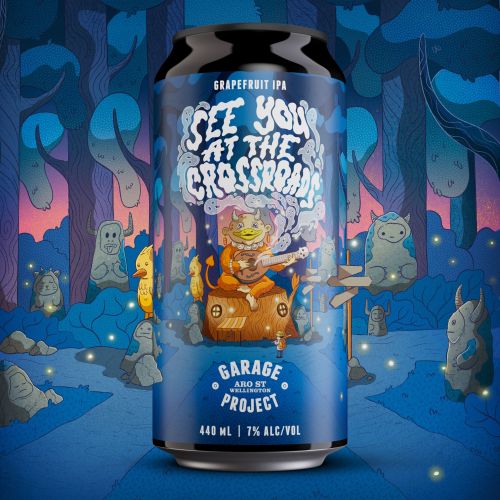 Can of grapefruit IPA with devil and forest idols illustration
