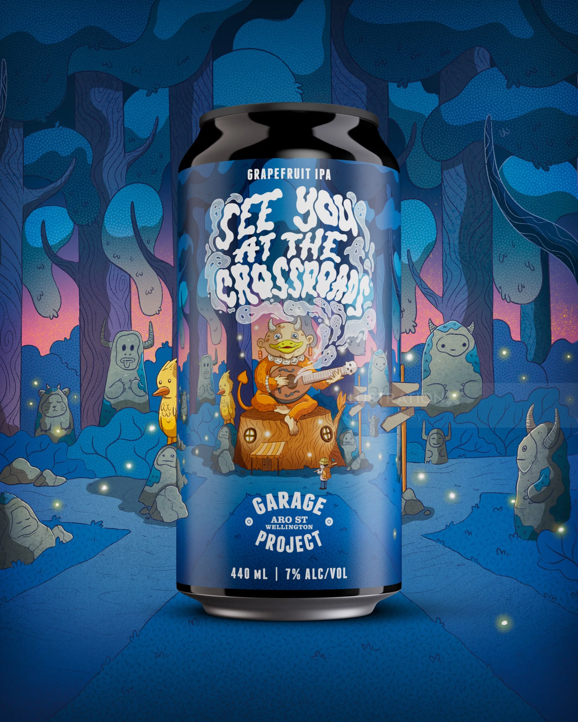 Can of grapefruit IPA with devil and forest idols illustration