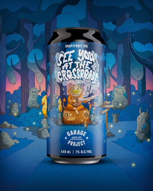 Can of grapefruit IPA with devil and forest idols illustration
