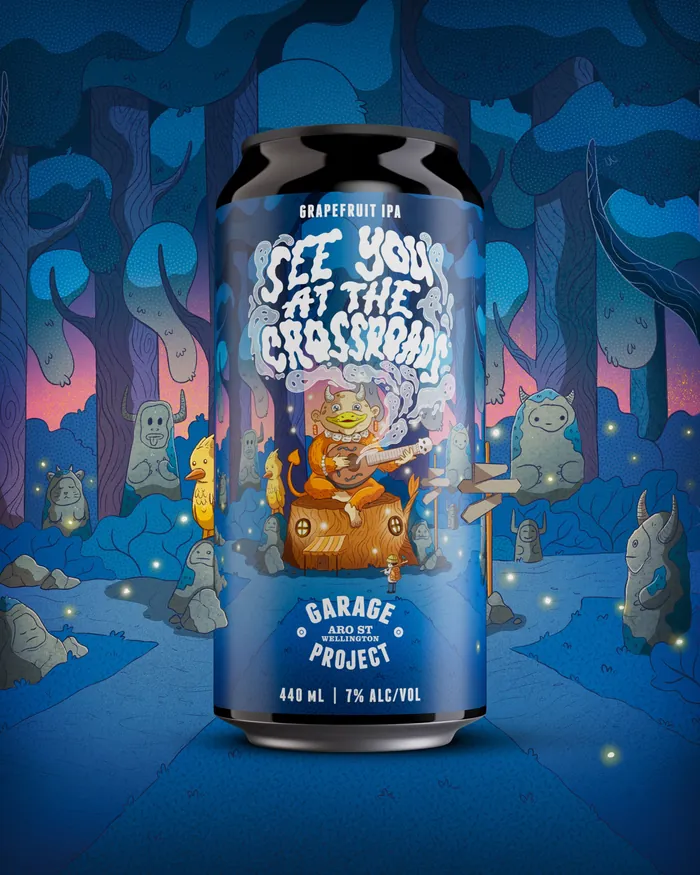 Can of grapefruit IPA with devil and forest idols illustration