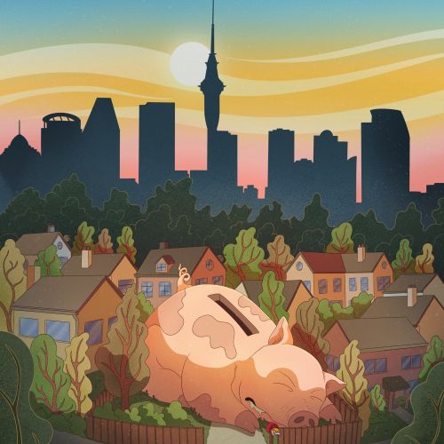 Giant piggy bank over suburban homes at sunset