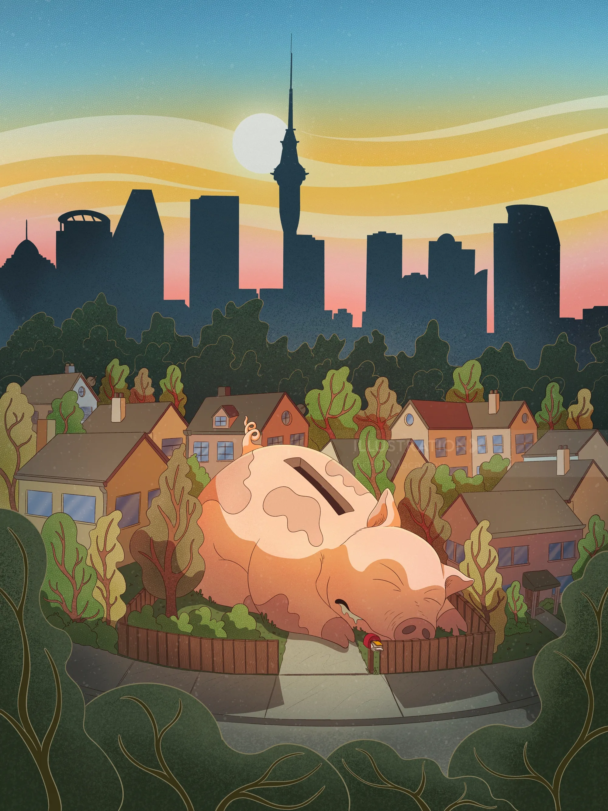Giant piggy bank over suburban homes at sunset