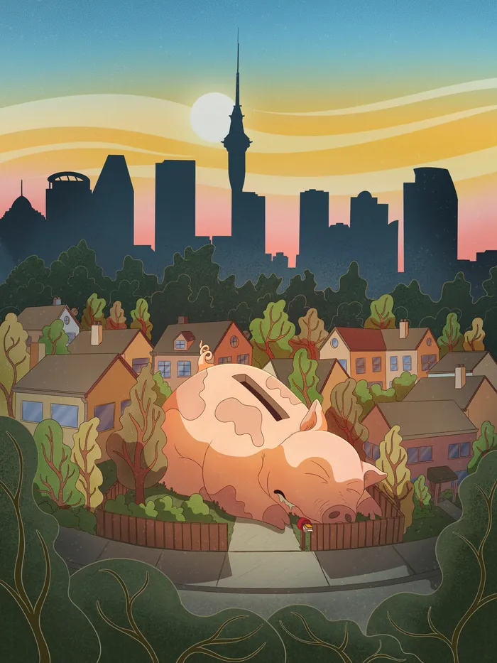 Giant piggy bank over suburban homes at sunset