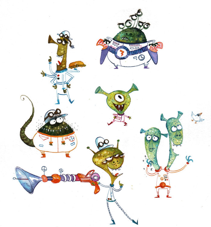 Bocetos de diseño de personajes extraterrestres para Marmaille y Compagnie