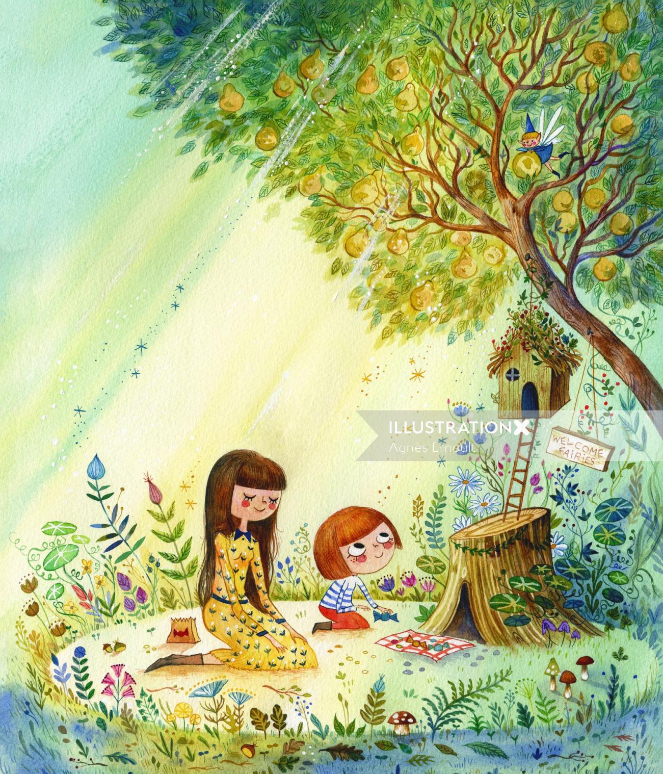 Watercolor painting of The Fairy House for Ladybug Magazine