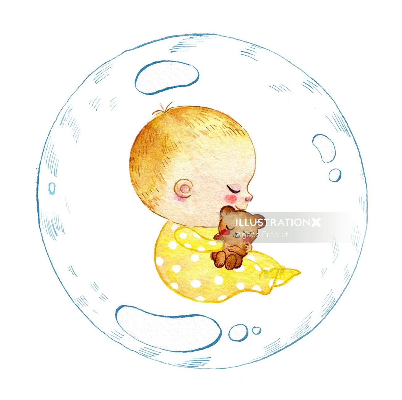 Watercolor painting of glass child doll