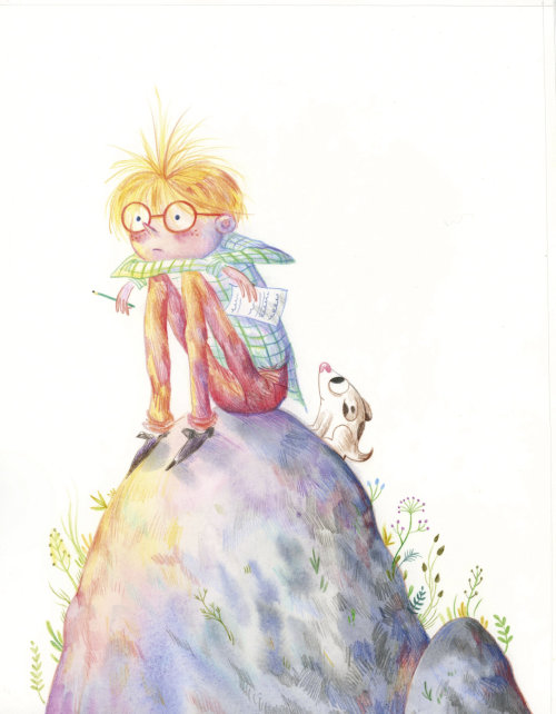 Children's book illustration of lonely boy 