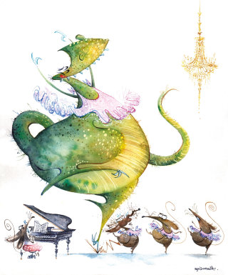 Ilustración cómica de dragón bailando