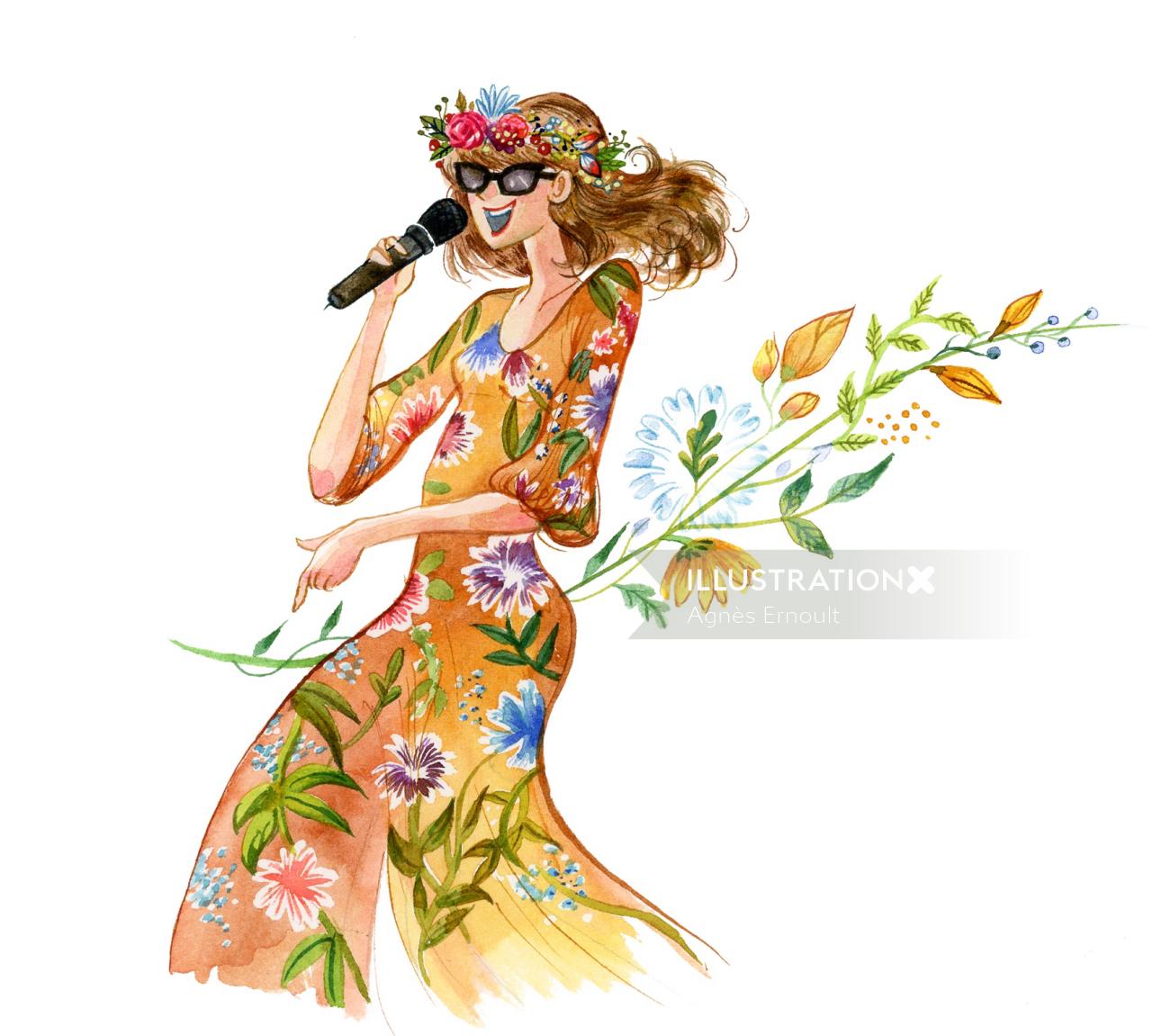 Ilustración de moda de vestido floral de cantante de boda femenina