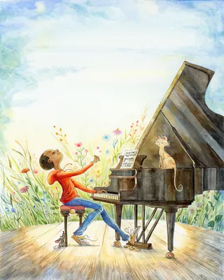 Illustration of person playing piano with cat on piano in garden