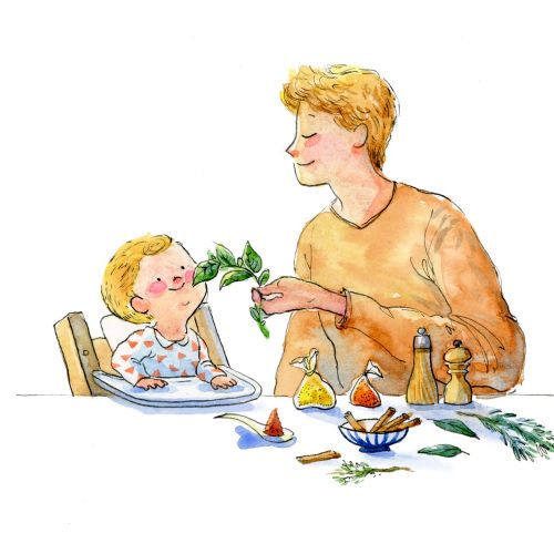 Character design of father feeding vegetable to baby boy