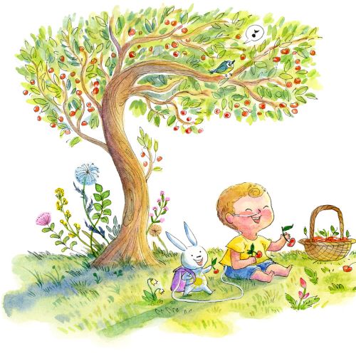 Character design of boy and rabbit under tree