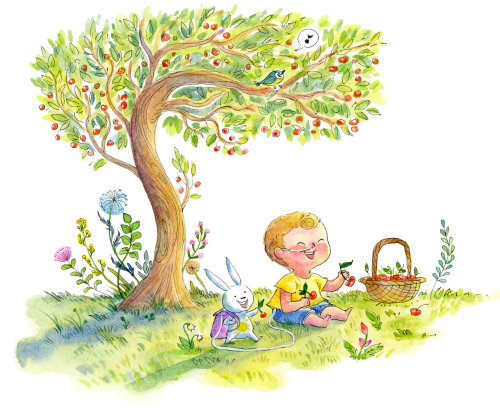 Character design of boy and rabbit under tree