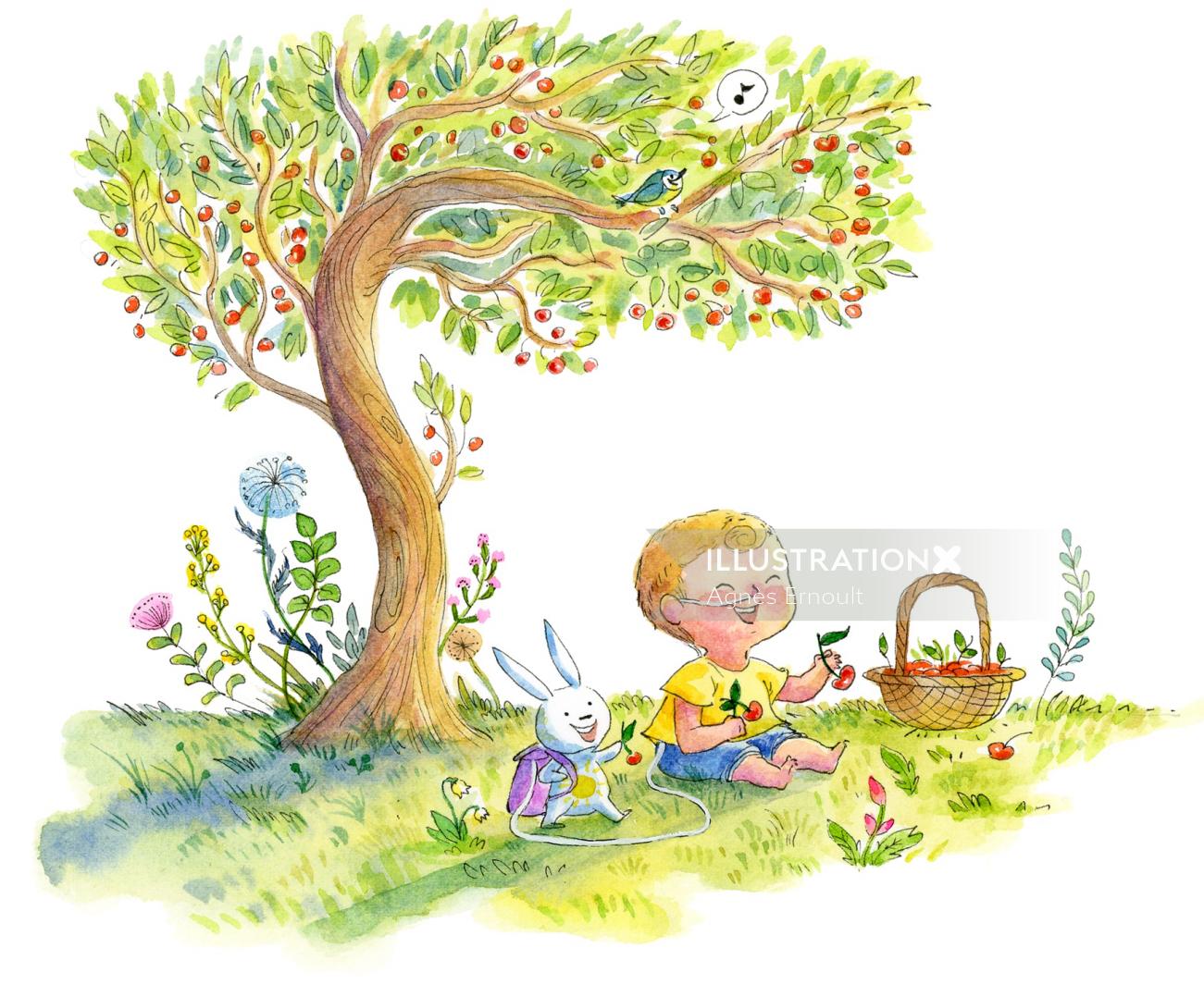 Diseño de personajes de niño y conejo bajo el árbol.