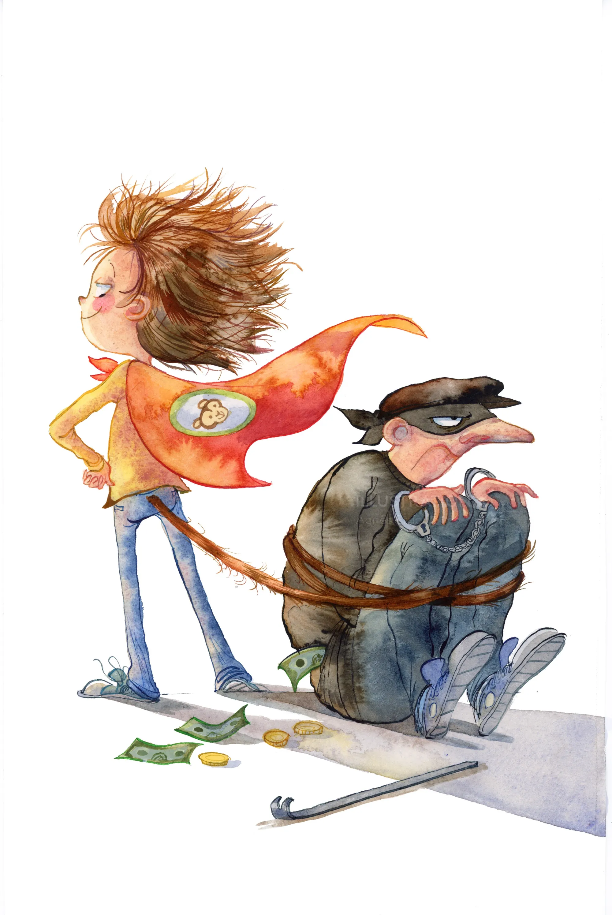 Child in red cape stands confidently next to tied-up burglar cartoon by Agnès Ernoult