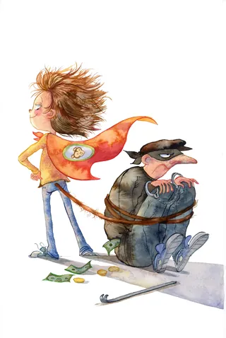 Child in red cape stands confidently next to tied-up burglar cartoon by Agnès Ernoult