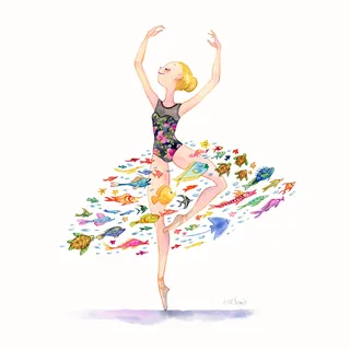 The Dancer artwork by Agnès Ernoult showing a ballerina with a skirt of colorful fish