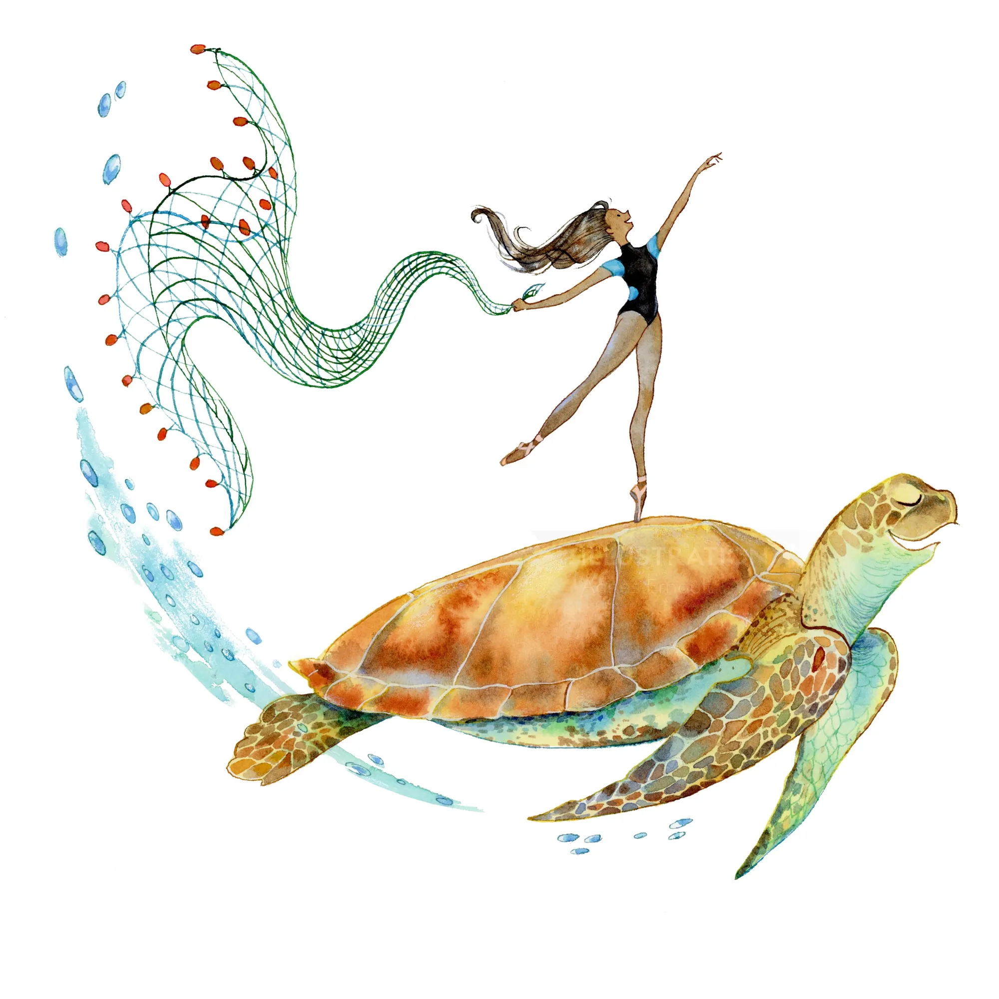 Dancer balancing on a sea turtle, illustration by Agnès Ernoult